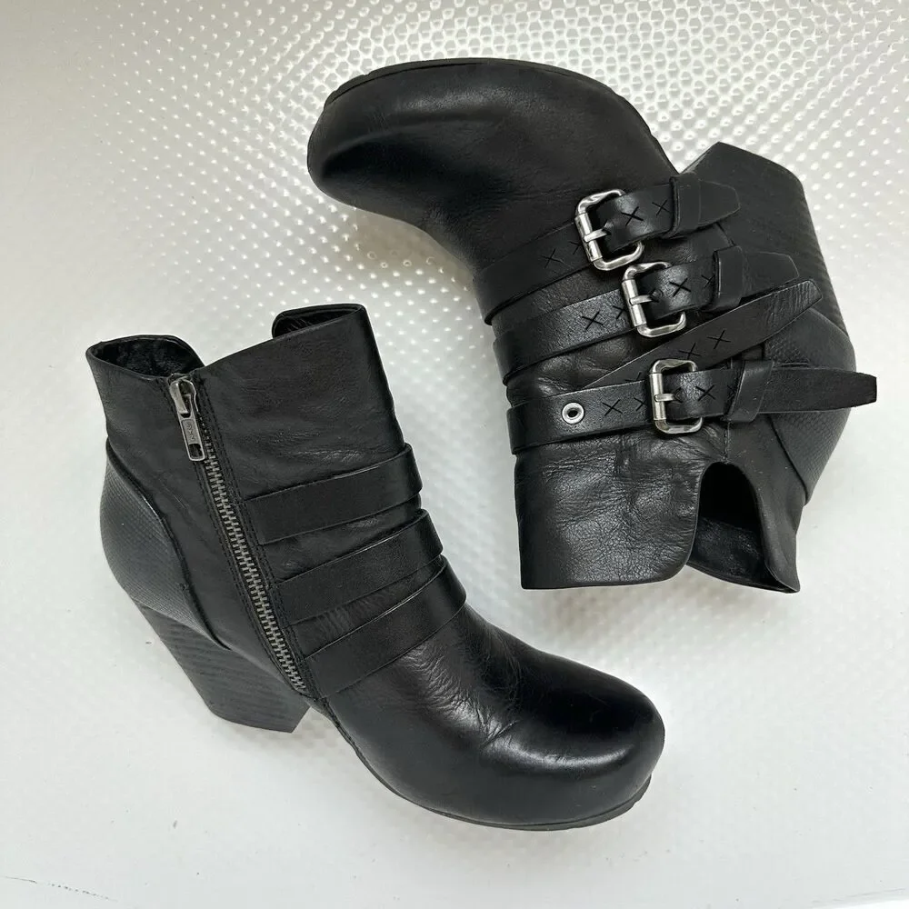 OTBT Lasso Women 8.5 Black Leather Ankle Booties Buckle Straps Biker Goth Rock